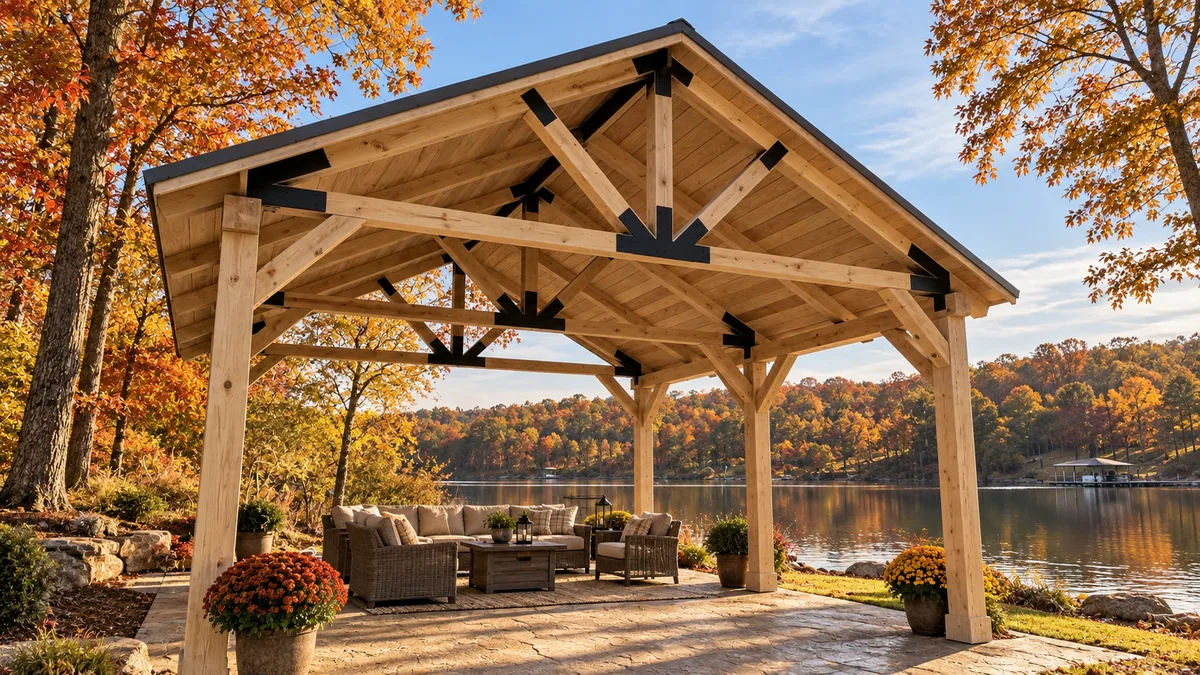 Timber pavilion overlooking a lake surrounded by fall foliage